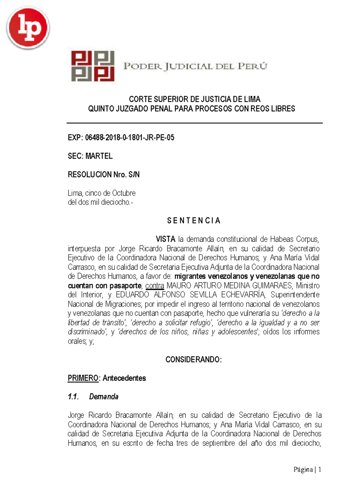 Expediente.06488 CORTE SUPERIOR DE JUSTICIA DE LIMA QUINTO JUZGADO