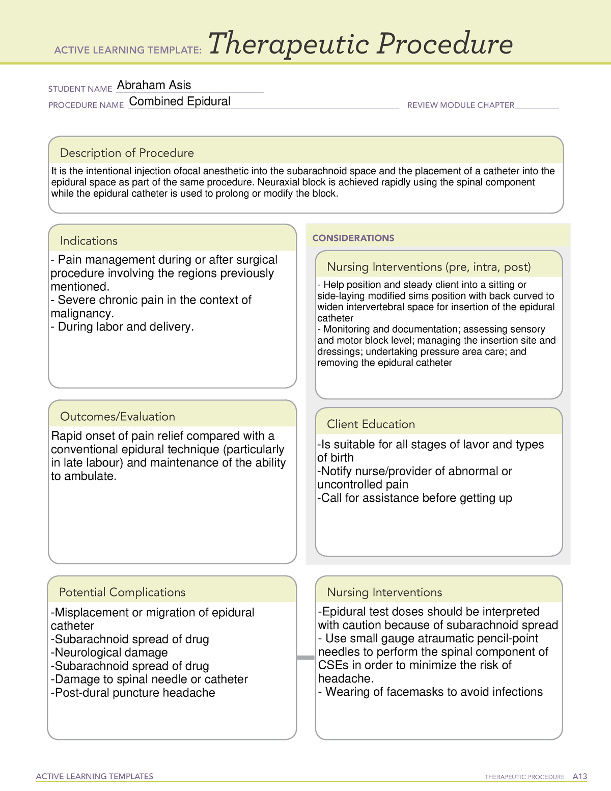 Active Learning Template Therapeutic Procedure form (Combined Epidural ...