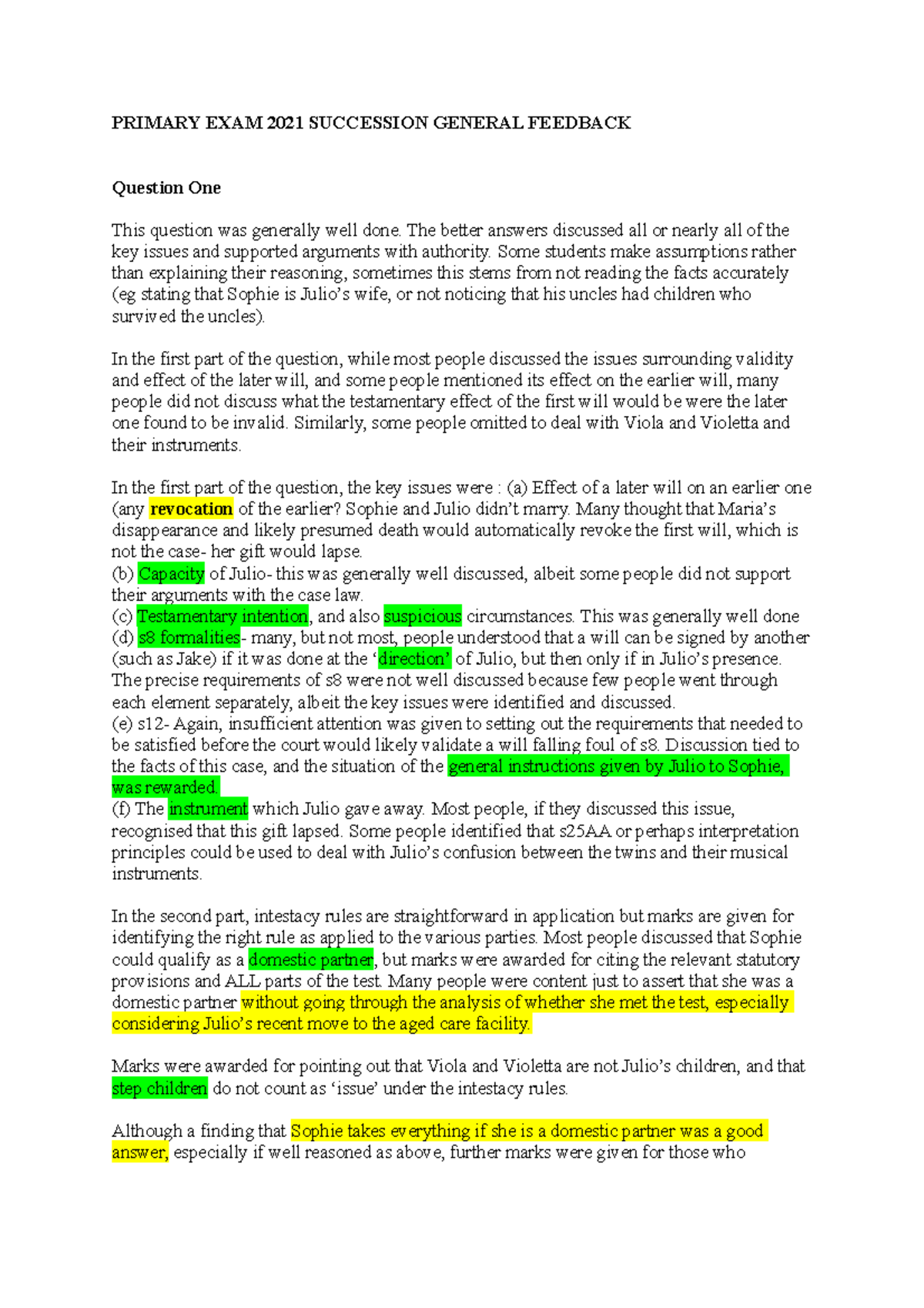 Succession Primary 2021Feedback - PRIMARY EXAM 2021 SUCCESSION GENERAL ...