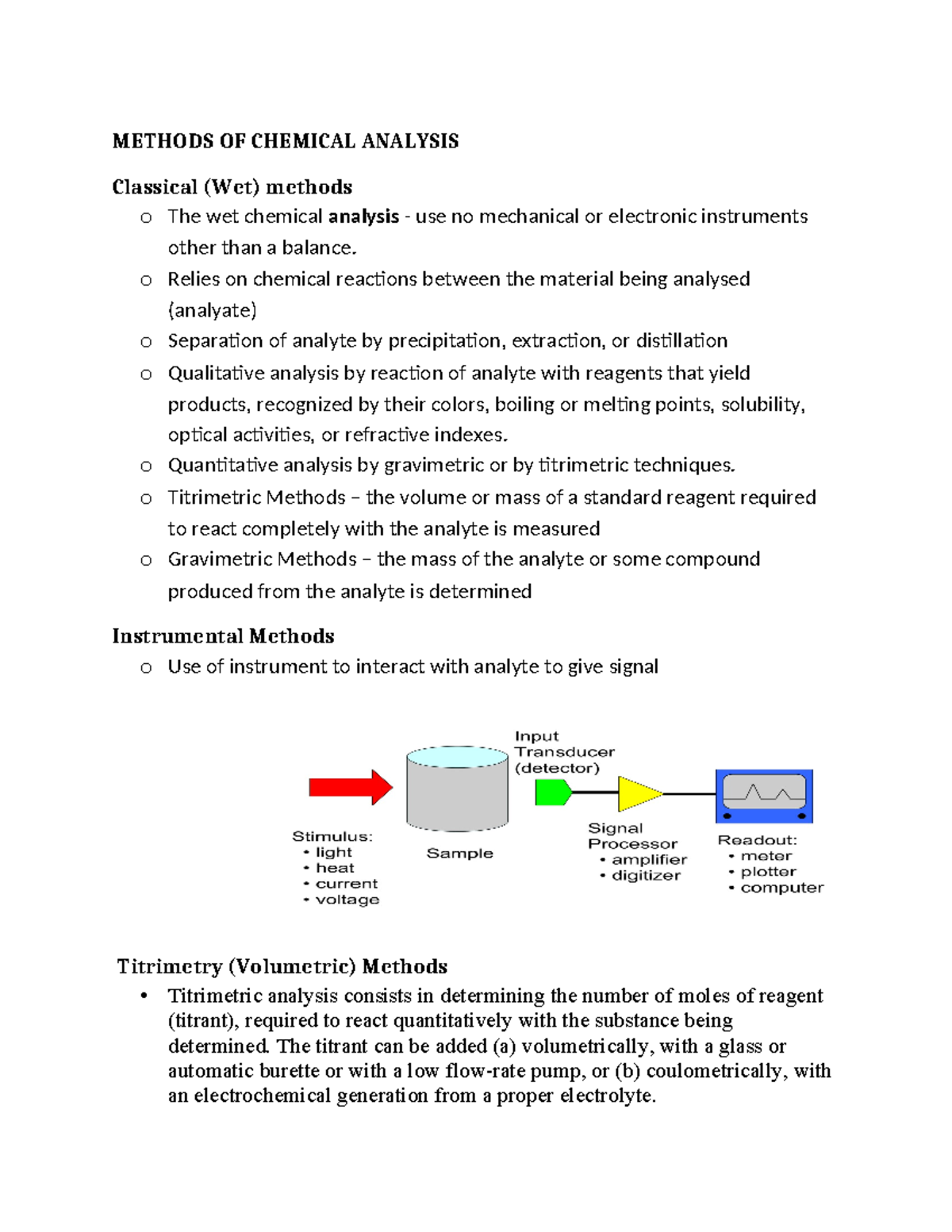 SCH 2102 Lecture 2 notes METHODS OF CHEMICAL ANALYSIS Classical