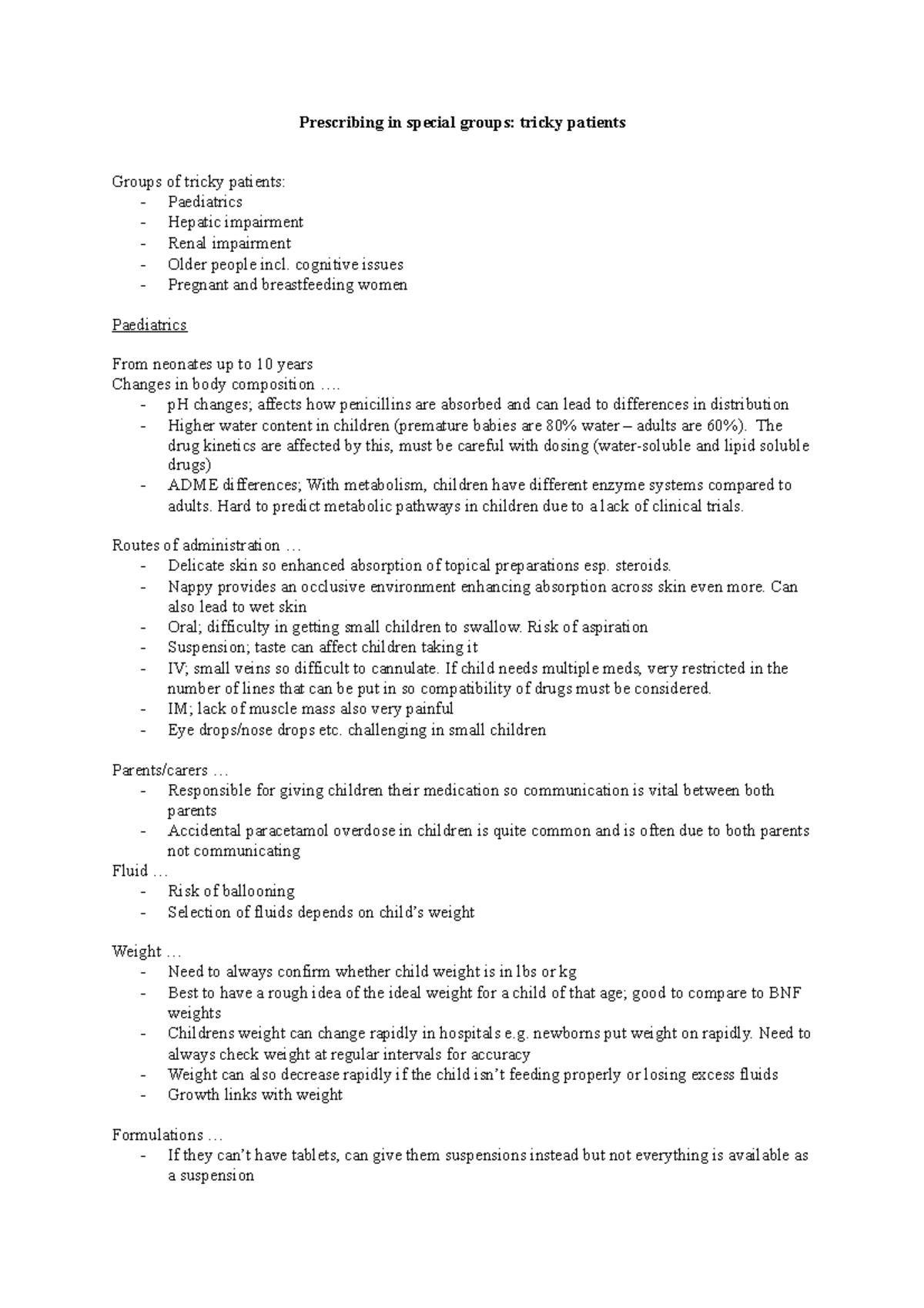 Tricky patients - Summary of lecture notes - Prescribing in special ...