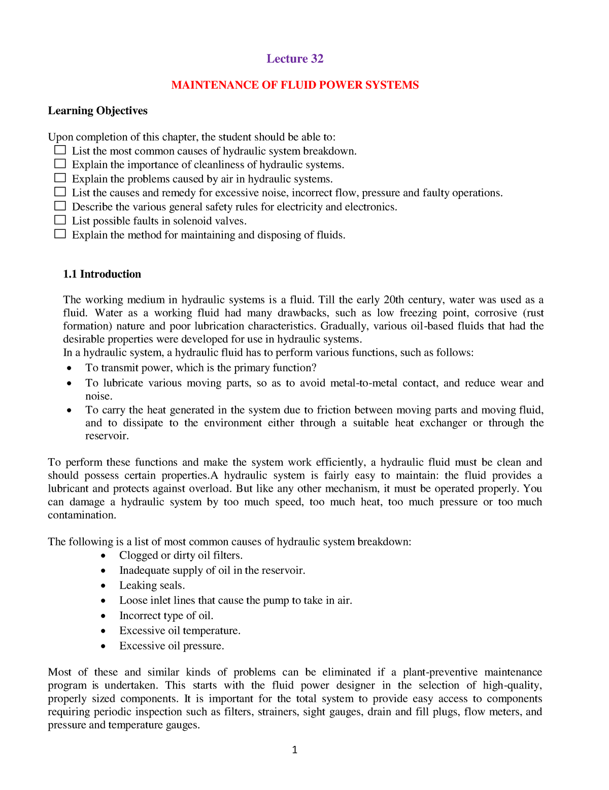 Lecture 32 - Lecture 32 MAINTENANCE OF FLUID POWER SYSTEMS Learning ...