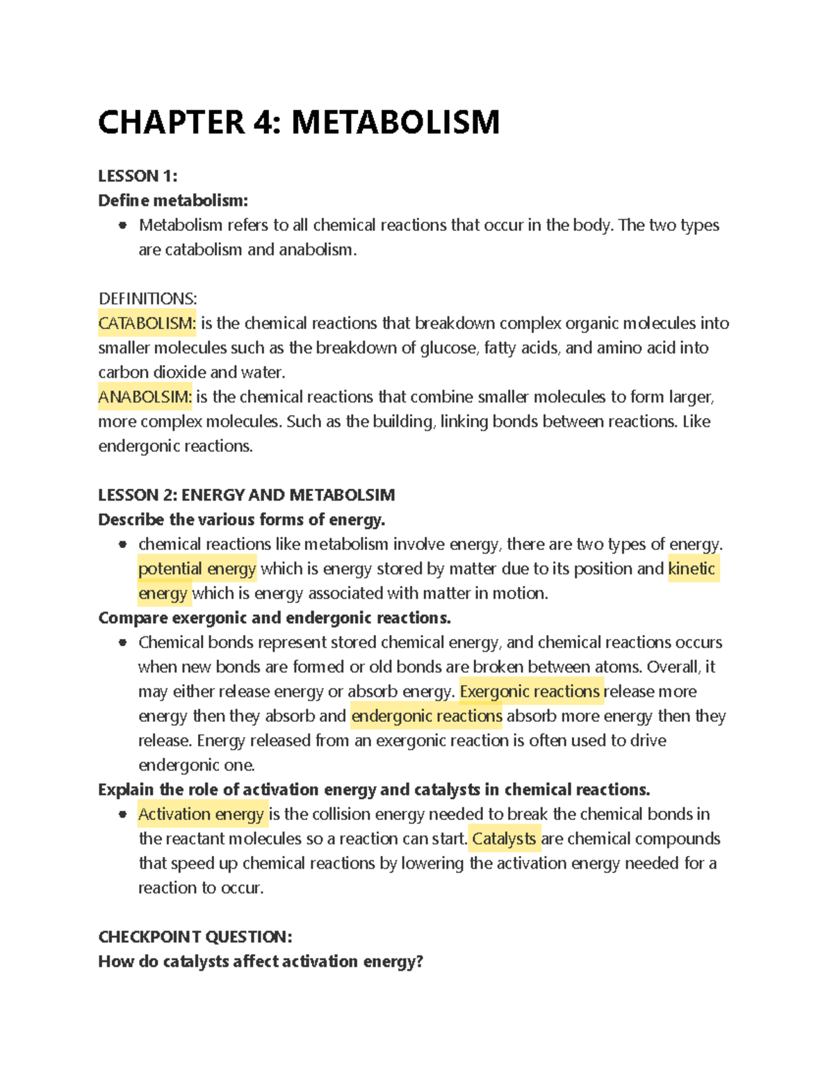Chapter 4 Metabolism - ALL NOTES FROM TEXTBOOK - Biol 230 - AU - Studocu