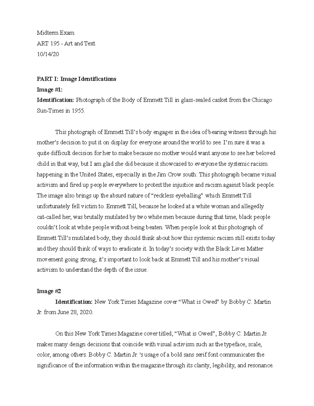 ART195 Midterm - Midterm Exam ART 195 - Art and Text 10/14/ PART I ...