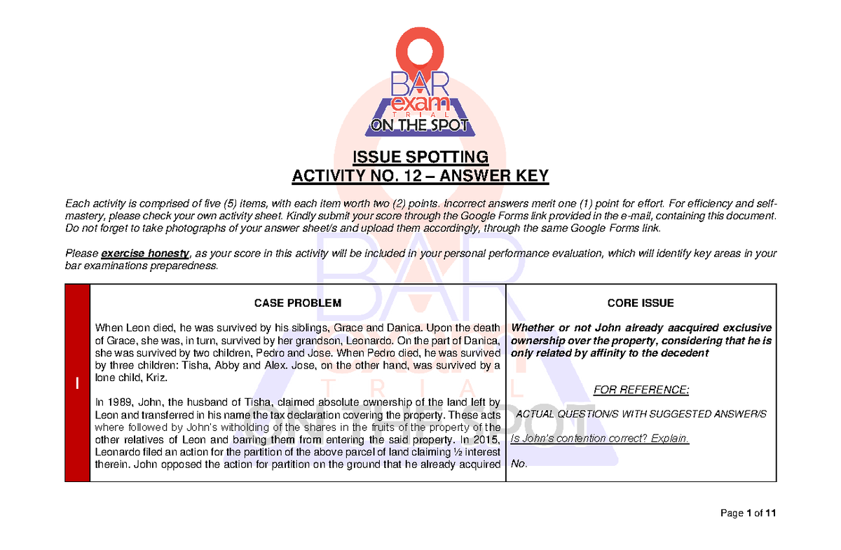 Answer KEY - Issue Spotting - Activity No 12 (Civil Law) - ISSUE ...