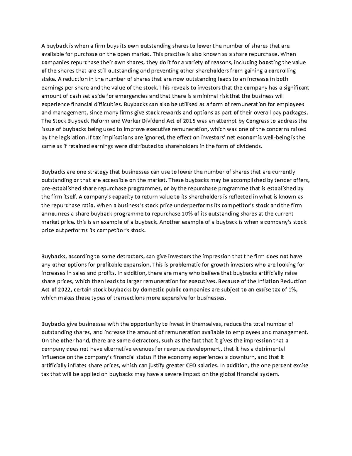 Buyback of shares - A buyback is when a firm buys its own outstanding ...