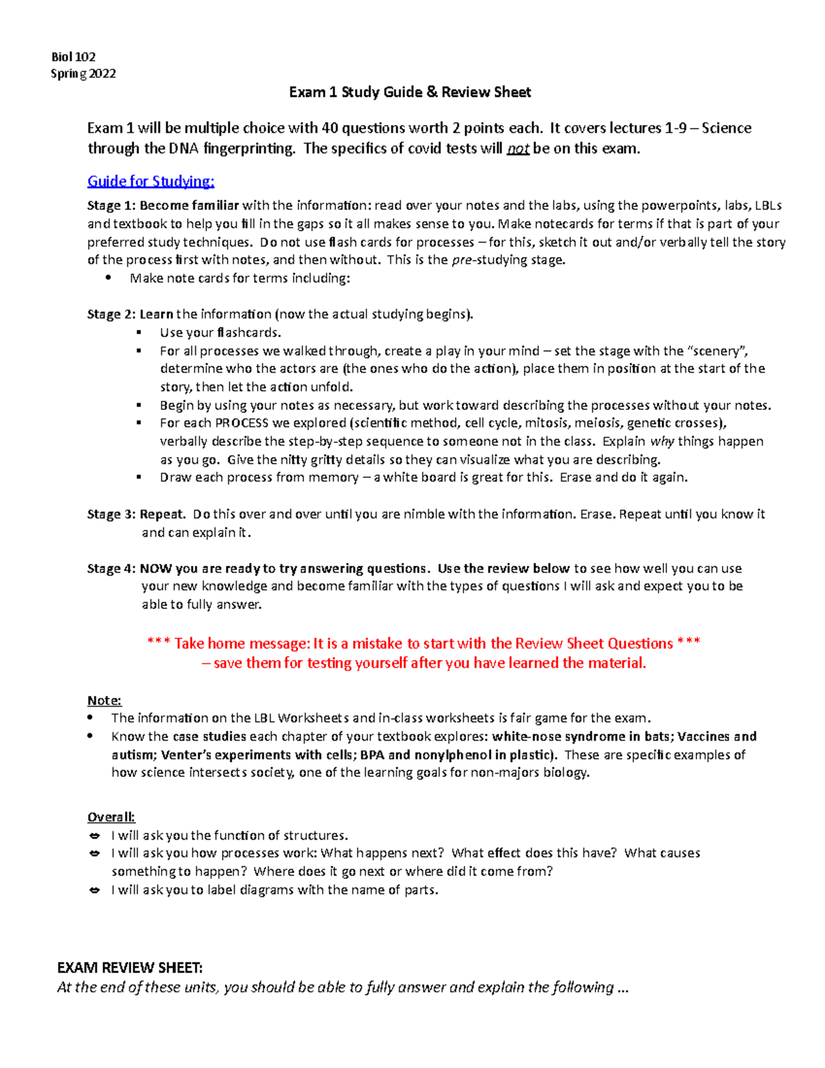 Exam 1 Study Guide Sp 22 - n/a - Biol 102 Spring 2022 Exam 1 Study ...