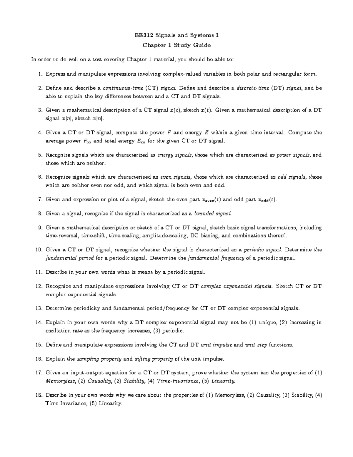 Chapter 1 - Summary Signals & Systems I - EE312 Signals and Systems I ...