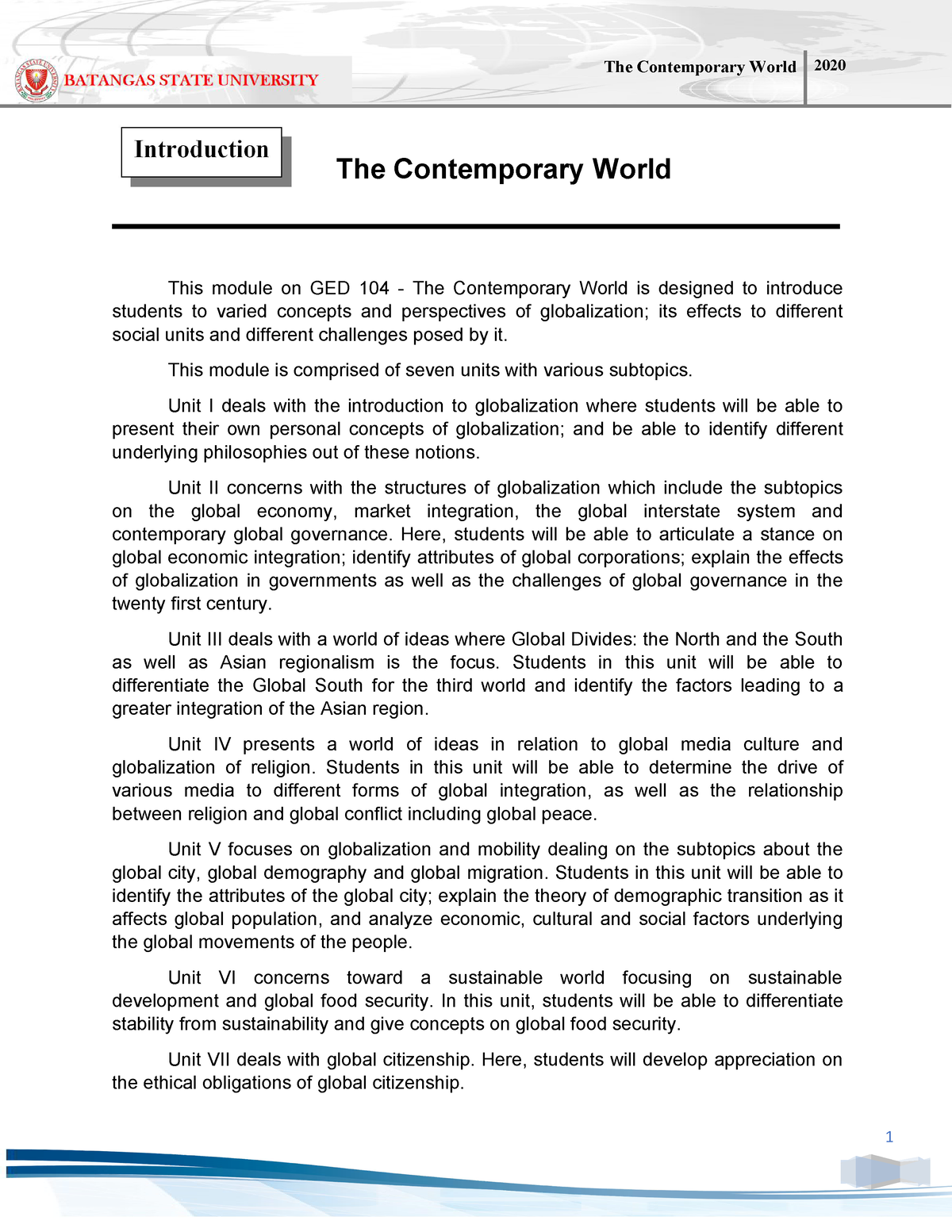 The Contemporary World - This Module Is Comprised Of Seven Units With ...