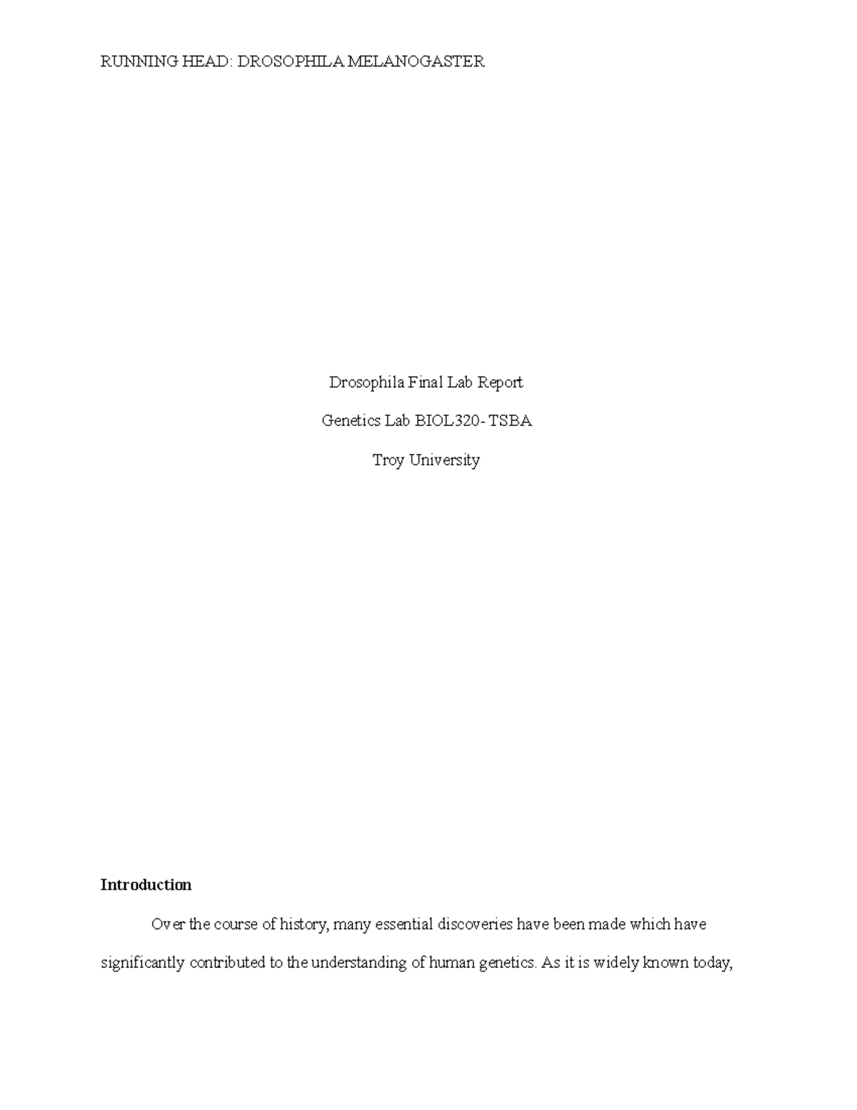LAB 12 lab report RUNNING HEAD DROSOPHILA MELANOGASTER