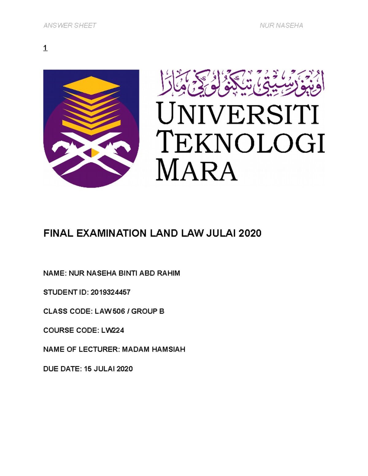 Final Answers On Land Law - 1 FINAL EXAMINATION LAND LAW JULAI 2020 ...