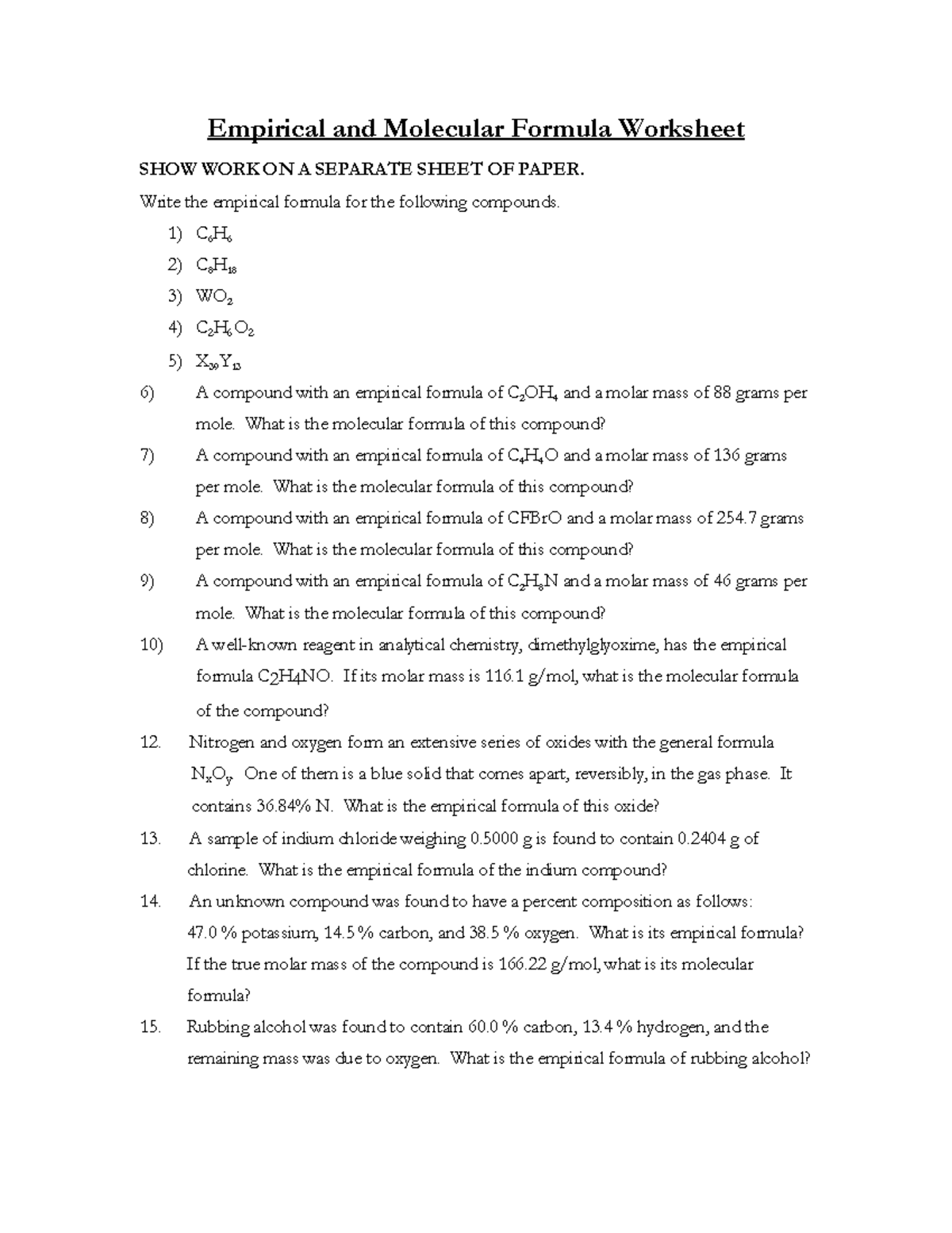 Empiricalformulaworksheet 5 Empirical And Molecular Formula Worksheet Show Work On A Separate 2333