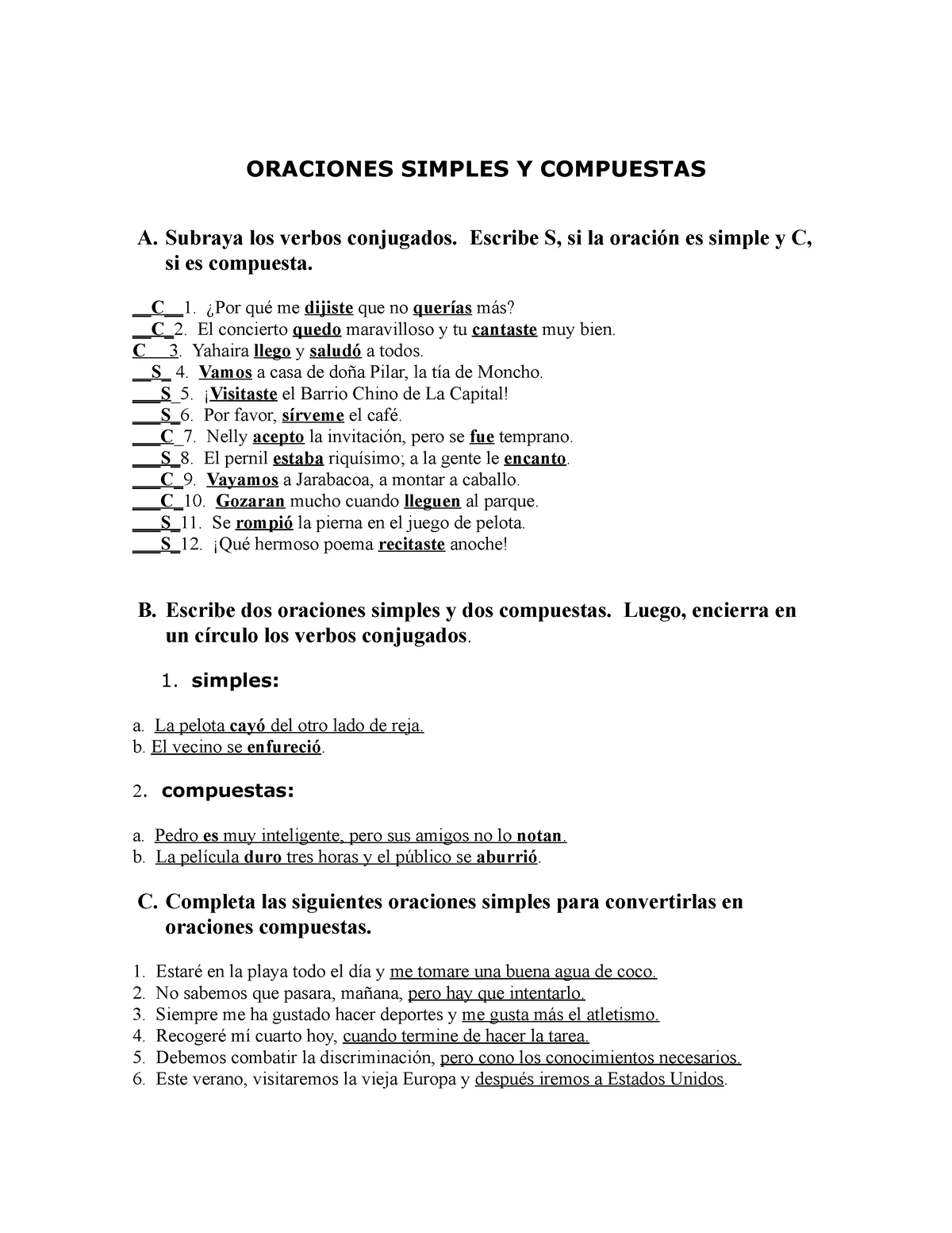 Let 113 Unidad V Ejercicios 3 Oraciones Simples Y Compuestas A