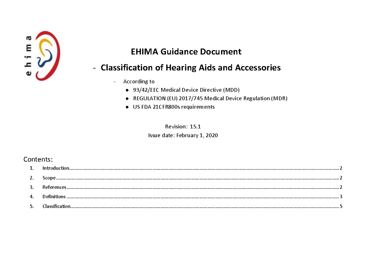 Classificationhearingaids EHIMA Guidance Document Classification