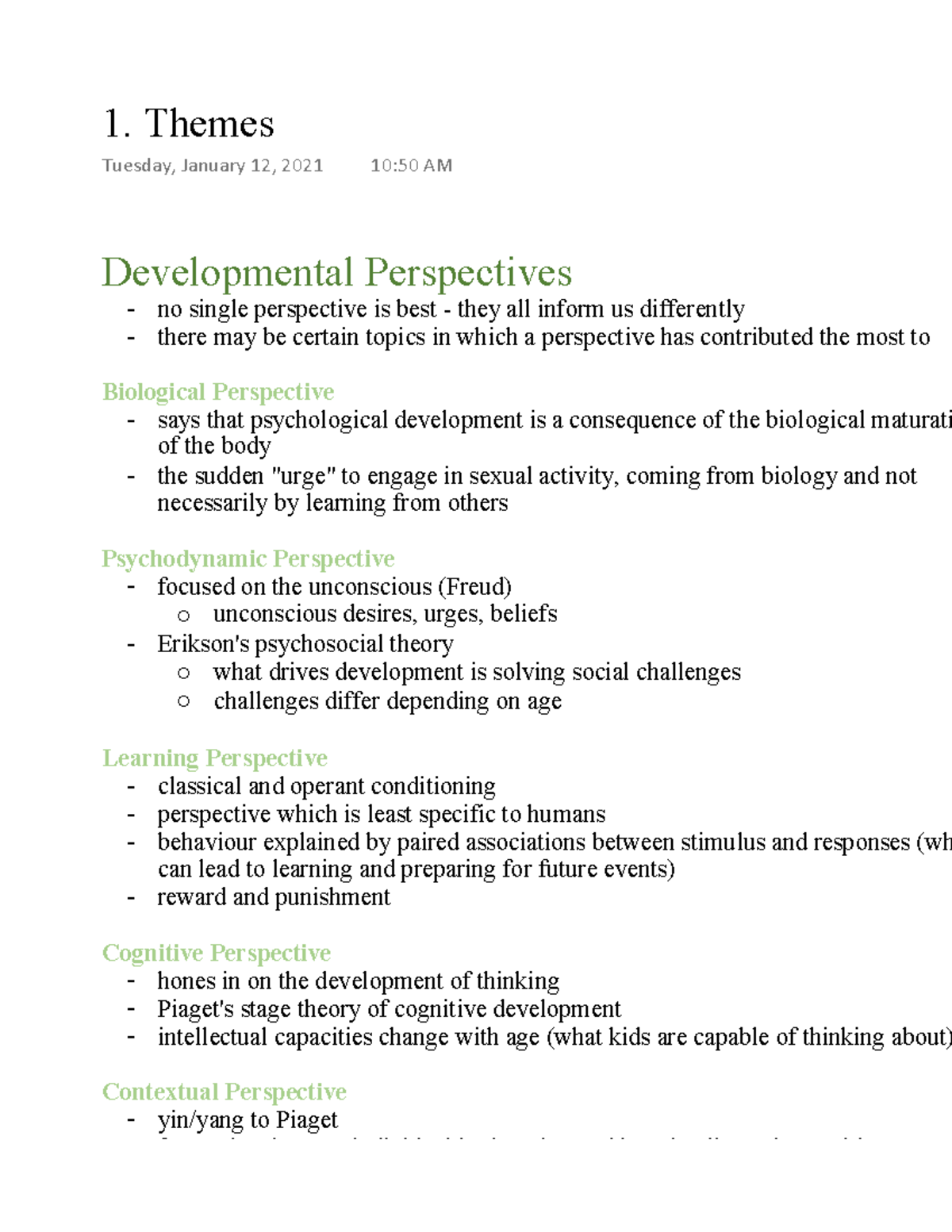 1. Themes - Lecture notes 1 - Developmental Perspectives no single ...