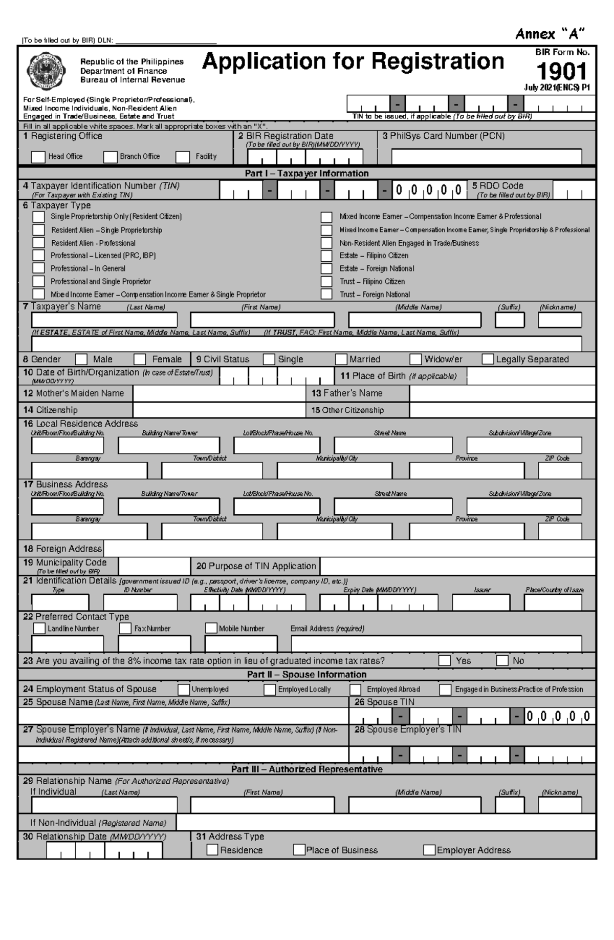 TIN ID Form 1901 - for applying purposes - (To be filled out by BIR ...