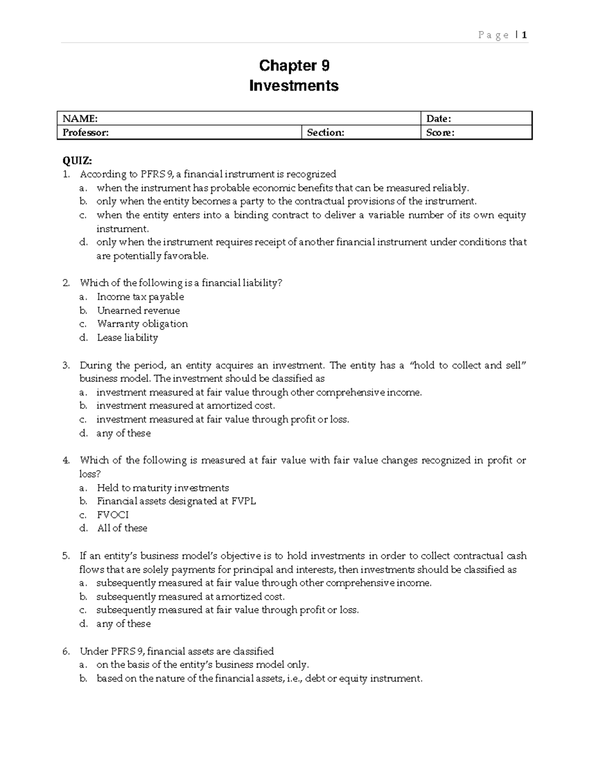 QUIZ Chapter 9 Investments IA 1 2020 Edition - P A G E | 1 Chapter 9 ...