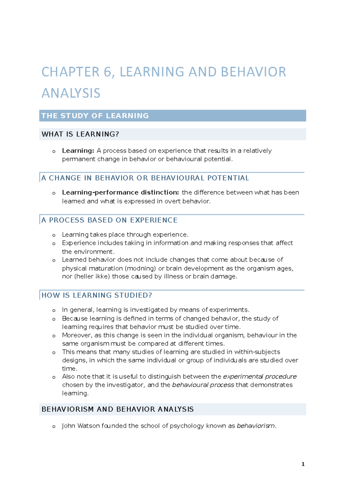 Chapter 6, learning and behavior analysis - CHAPTER 6, LEARNING AND ...