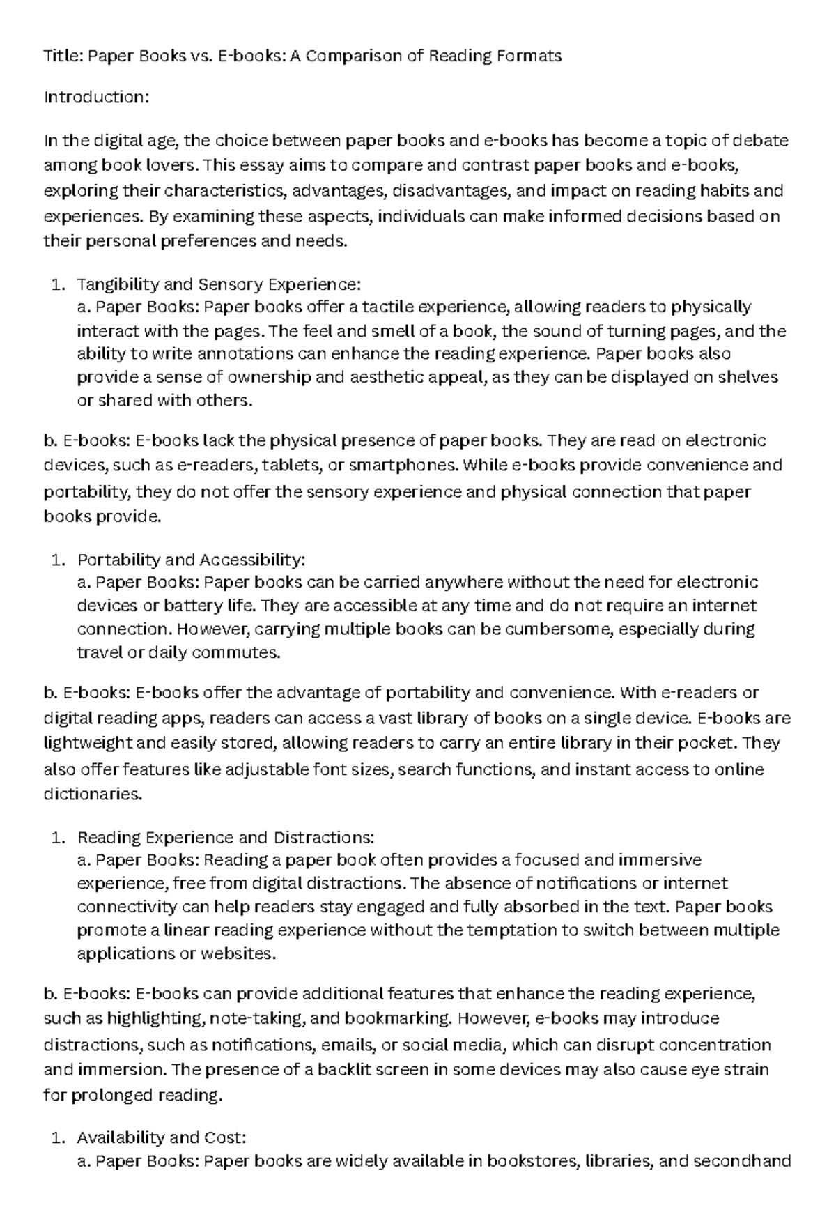 Title Paper Books vs. Ebooks A Comparison of Reading Formats Title
