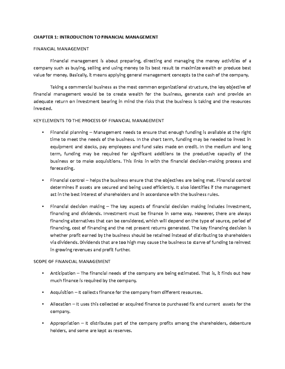 Prelims FIMA - CHAPTER 1: INTRODUCTION TO FINANCIAL MANAGEMENT ...