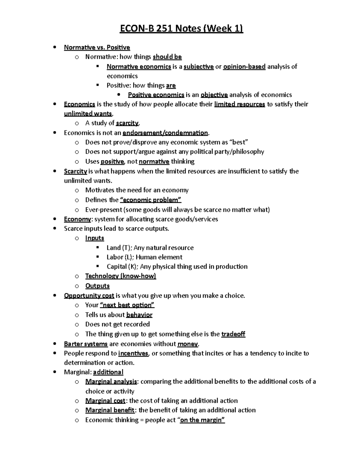 ECON-B 251 Notes (Week 1) - ECON-B 251 Notes (Week 1) Normative Vs ...