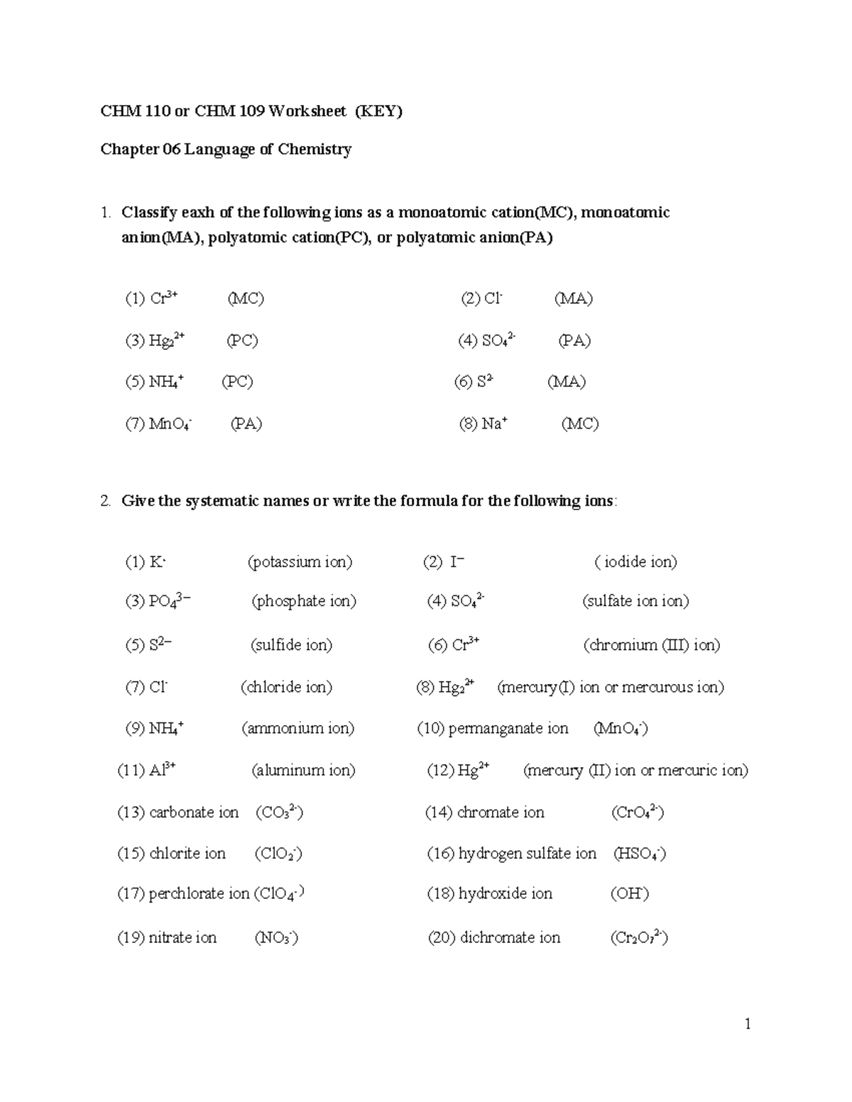 06 Key to Chapter 06 worksheet Language of Chemistry - CHM 110 or CHM ...