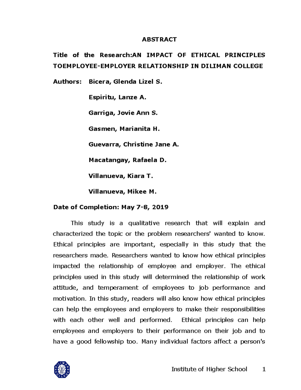 business ethics - ABSTRACT Title of the Research:AN IMPACT OF ETHICAL ...