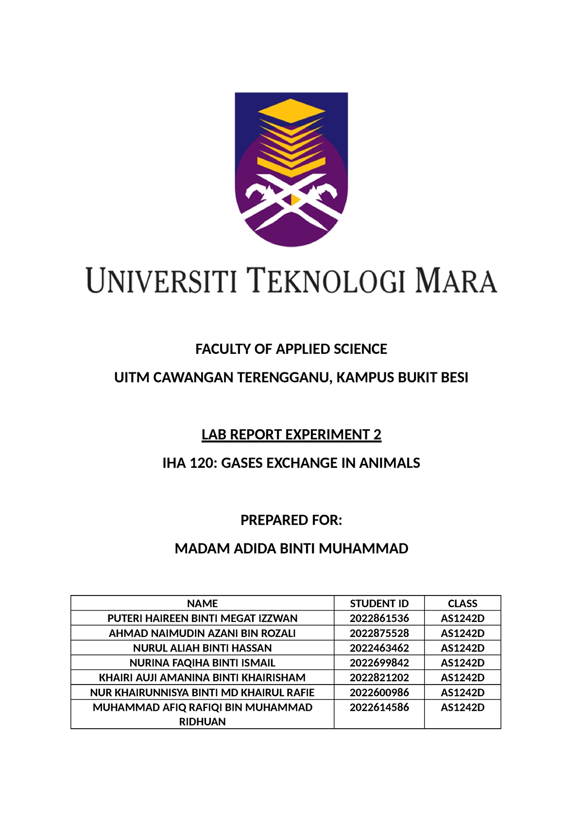 LAB Report 120 Exp 2 - Lab 120 - FACULTY OF APPLIED SCIENCE UITM ...