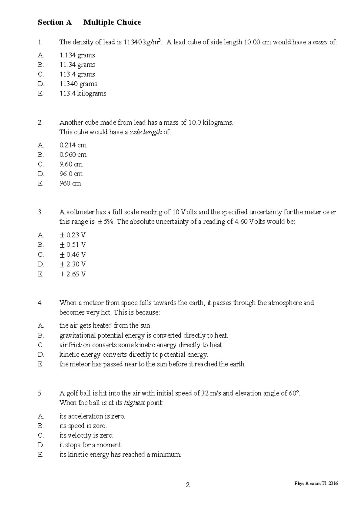 Physics questions sample - 2 Phys A exam T1 2016 Section A Multiple ...