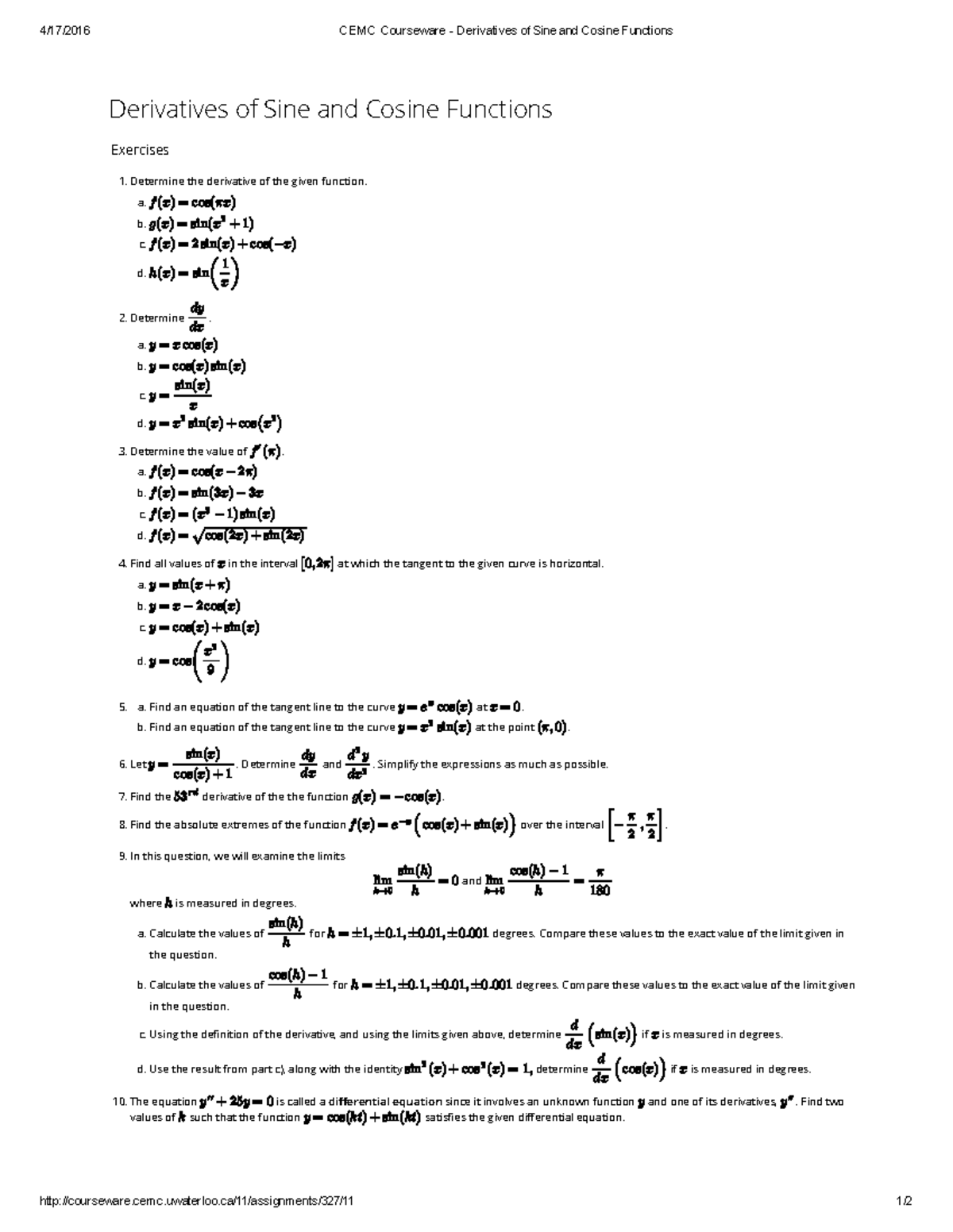 4.05 - Derivatives of sin and cos Exercises - 4/17/2016 CEMC Courseware ...