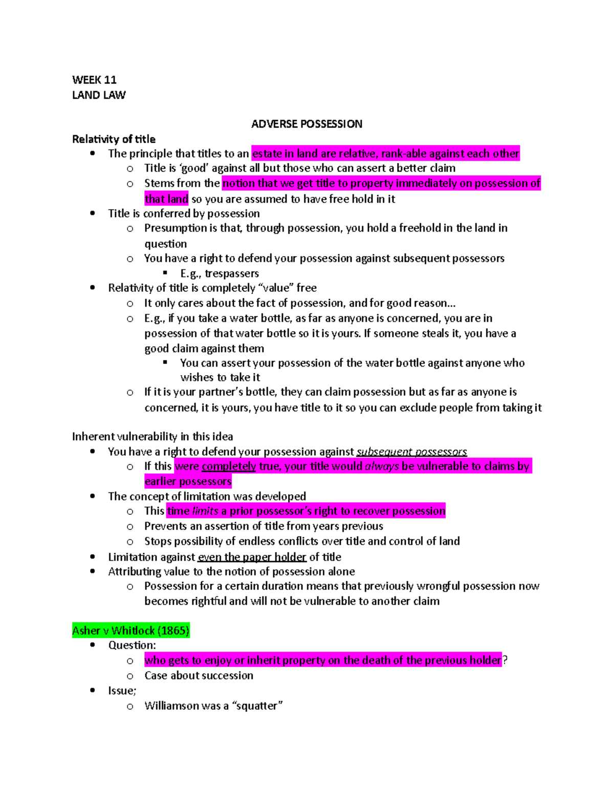 Adverse Possession - WEEK 11 LAND LAW ADVERSE POSSESSION Relativity Of ...