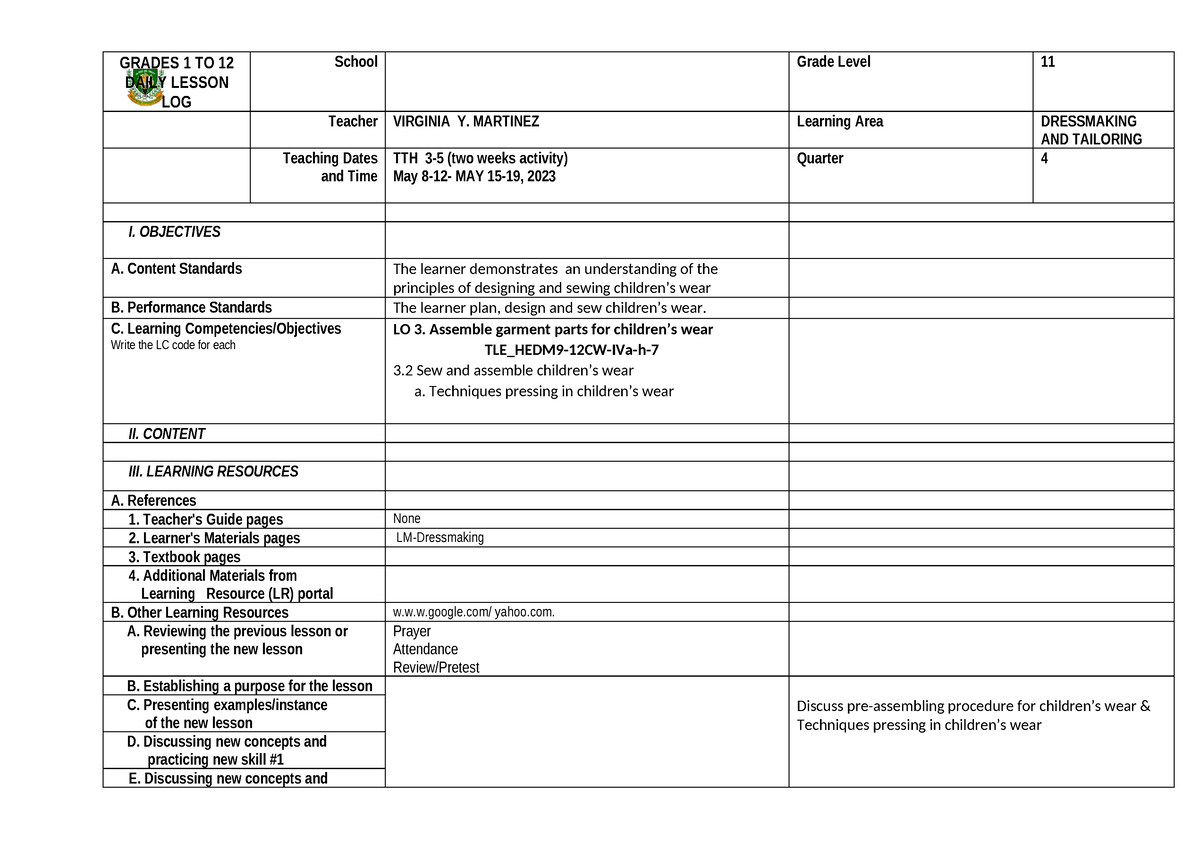 Weekly DLL 4TH Q WEEK 10 Dressmaking ALS SHS (B) - GRADES 1 TO 12 DAILY ...