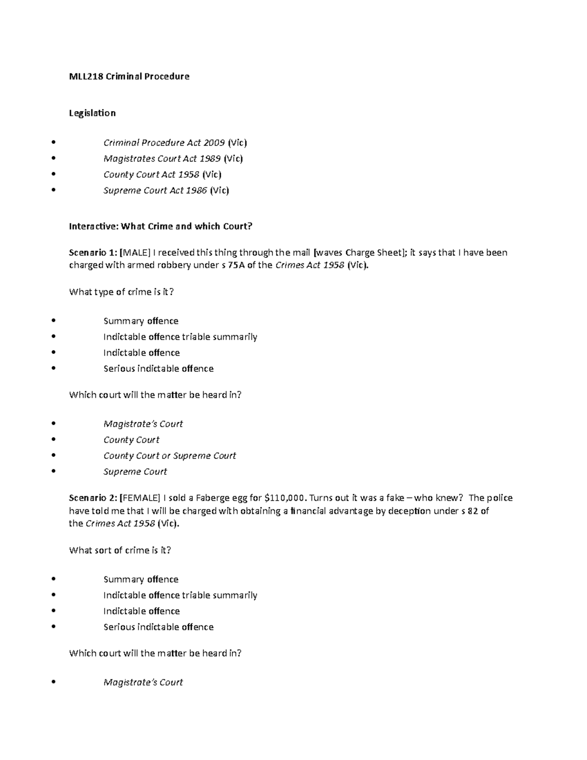 MLL218 week 1 - mll 218 week 1 - MLL218 Criminal Procedure Legislation ...