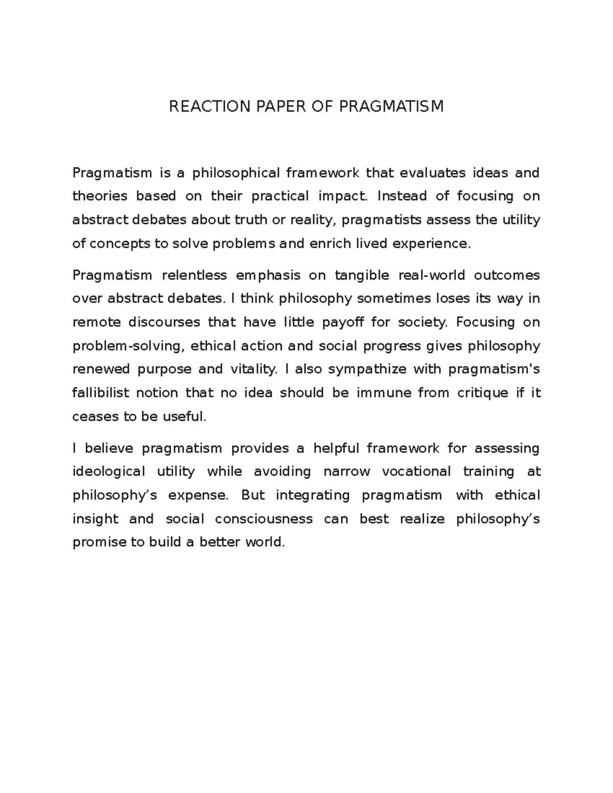 reaction paper about pragmatism in education