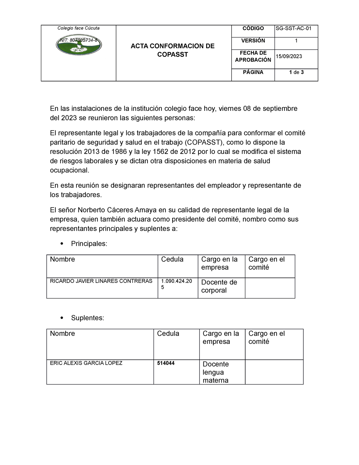 Acta Conformacion Del Copasst - Colegio Face Cúcuta NIT: 807005734 ...