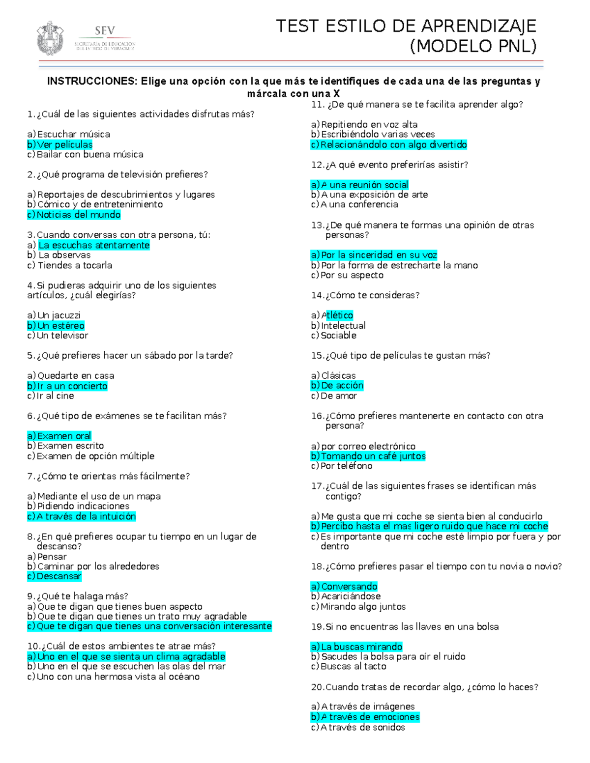 Aprender a redactar - TEST ESTILO DE APRENDIZAJE (MODELO PNL ...