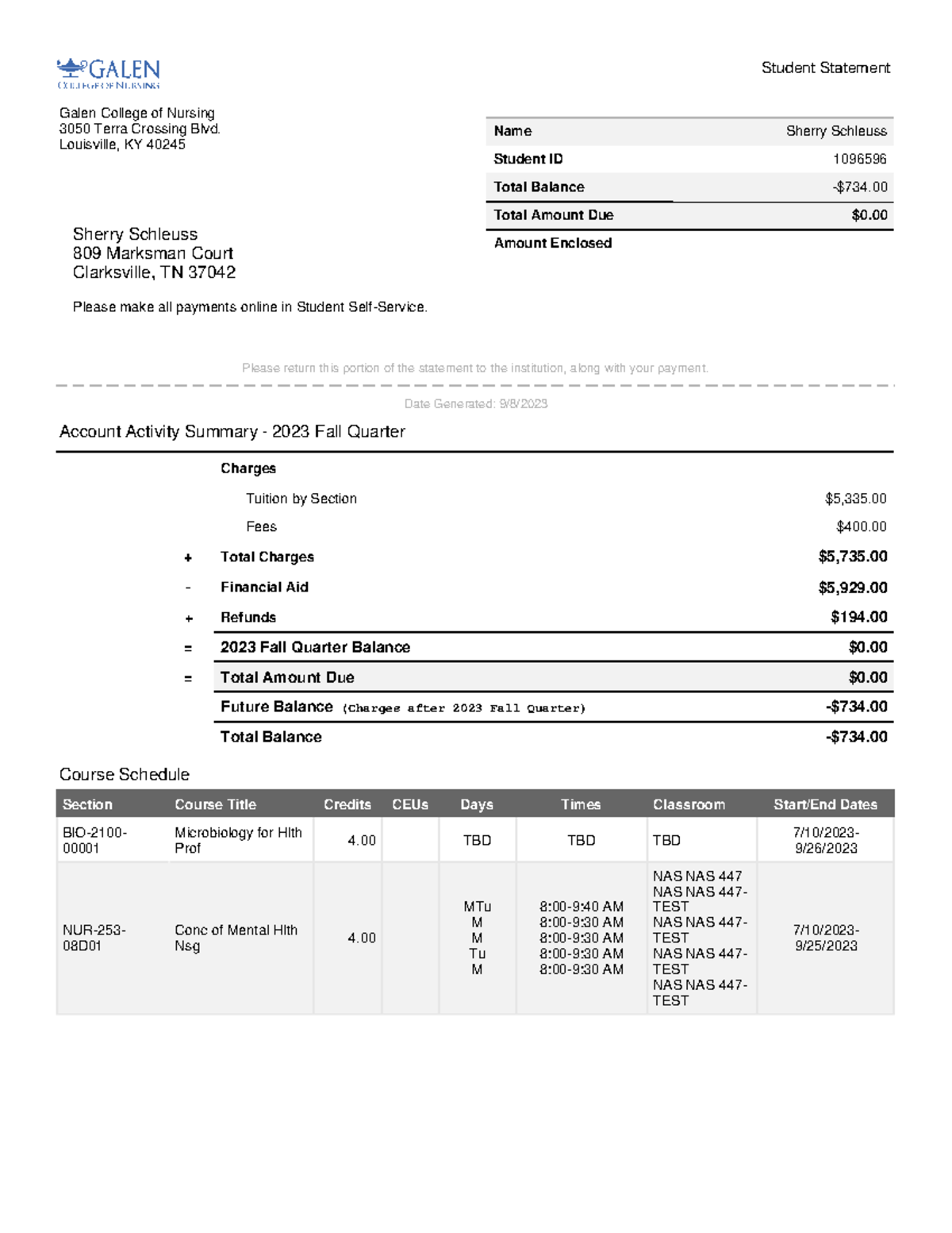 Display Statement - Notes - $0. Name Student ID Total Balance Amount ...