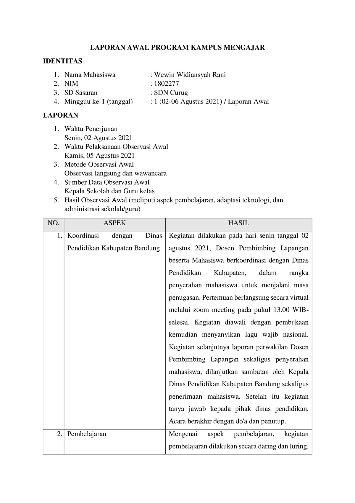 Laporan Awal Program Kampus Mengajar- Wewin Widiansyahrani - LAPORAN ...