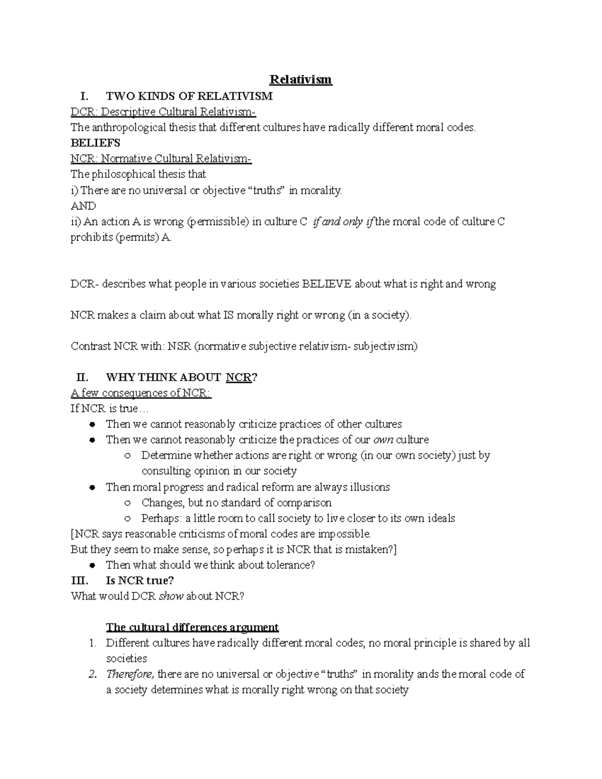 PHIL 111 Notes Week 2 - Relativism I. TWO KINDS OF RELATIVISM DCR ...