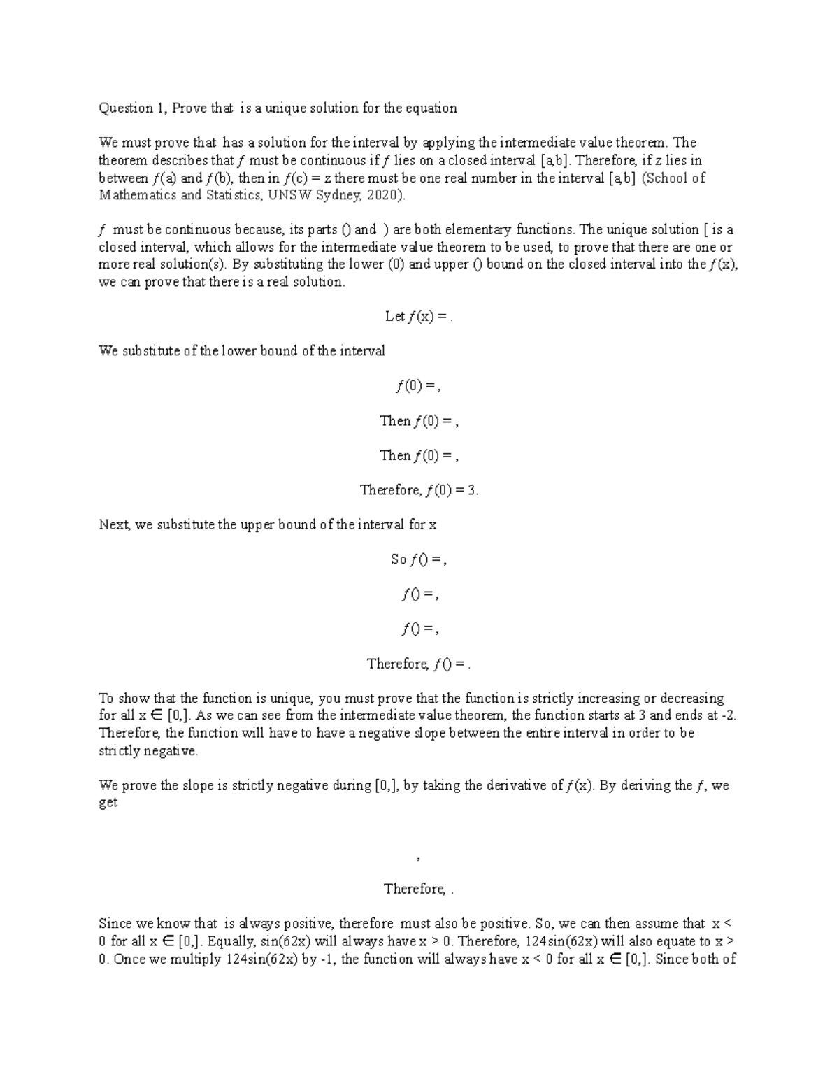 Math 1131 assignment - Question 1, Prove that is a unique solution for ...