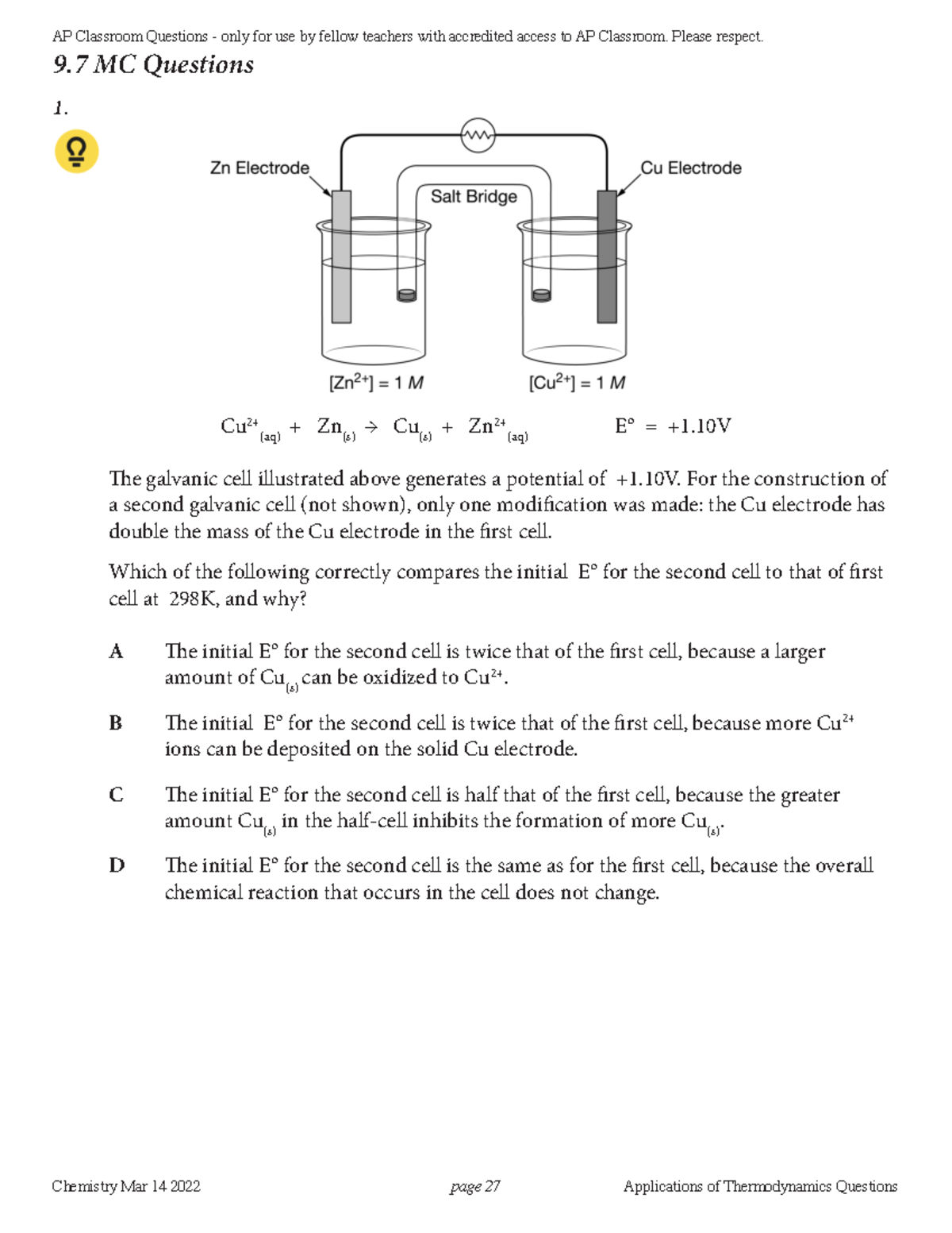 9.7 Electrochemistry Practice Problems - 9 MC Questions 1. Cu2+ (aq ...