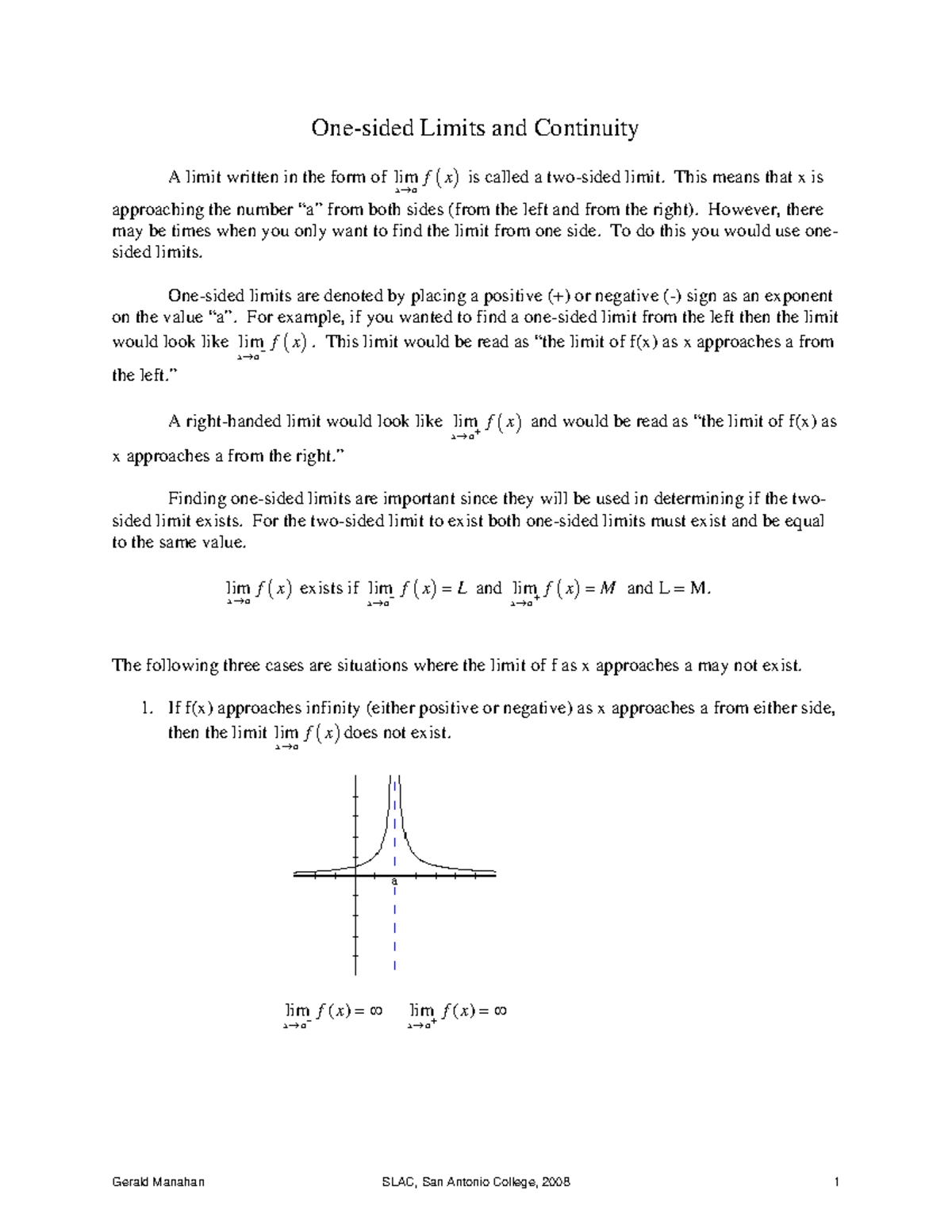 1 sided limits - solutions - One-sided Limits and Continuity A limit ...