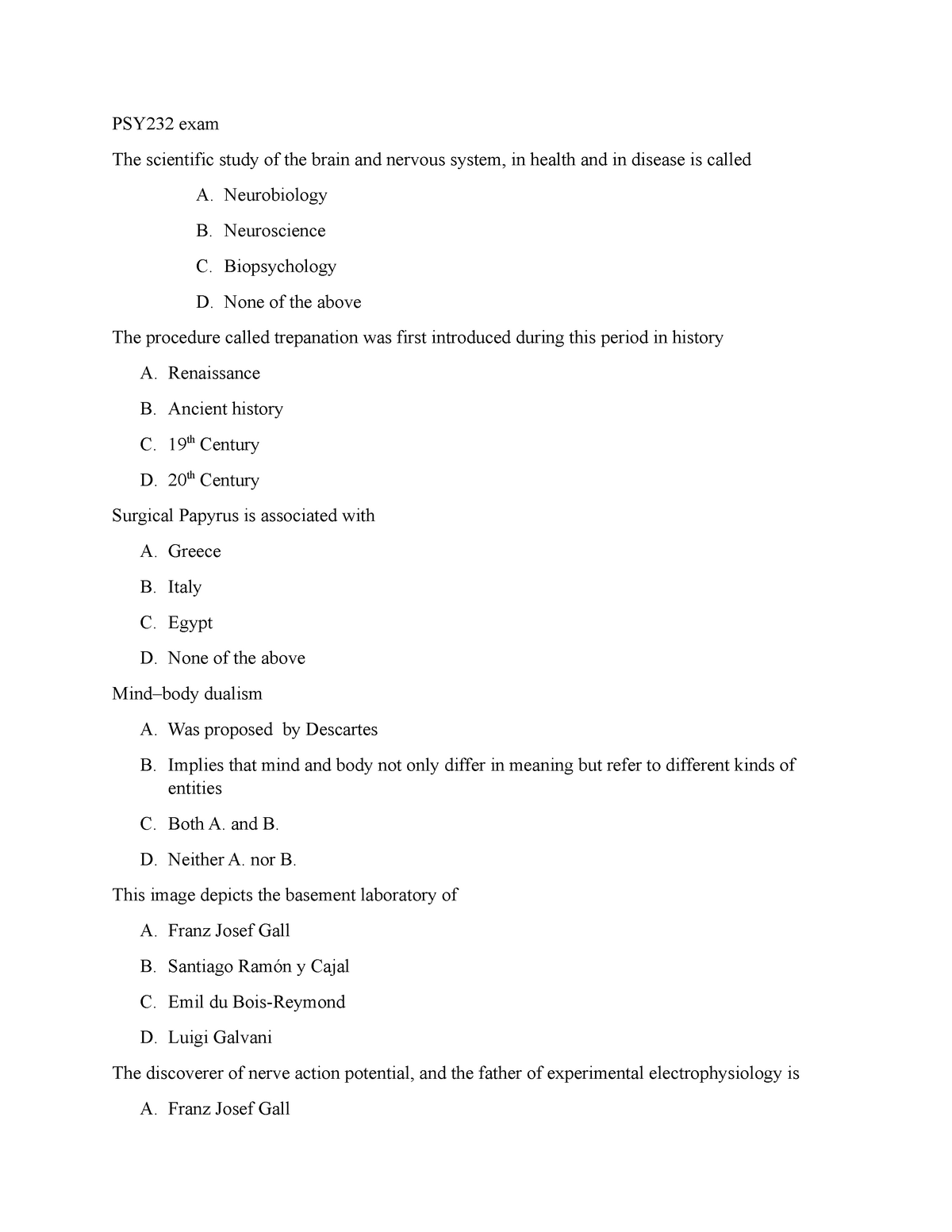 PSY232 Exam - PSY232 Exam The Scientific Study Of The Brain And Nervous ...