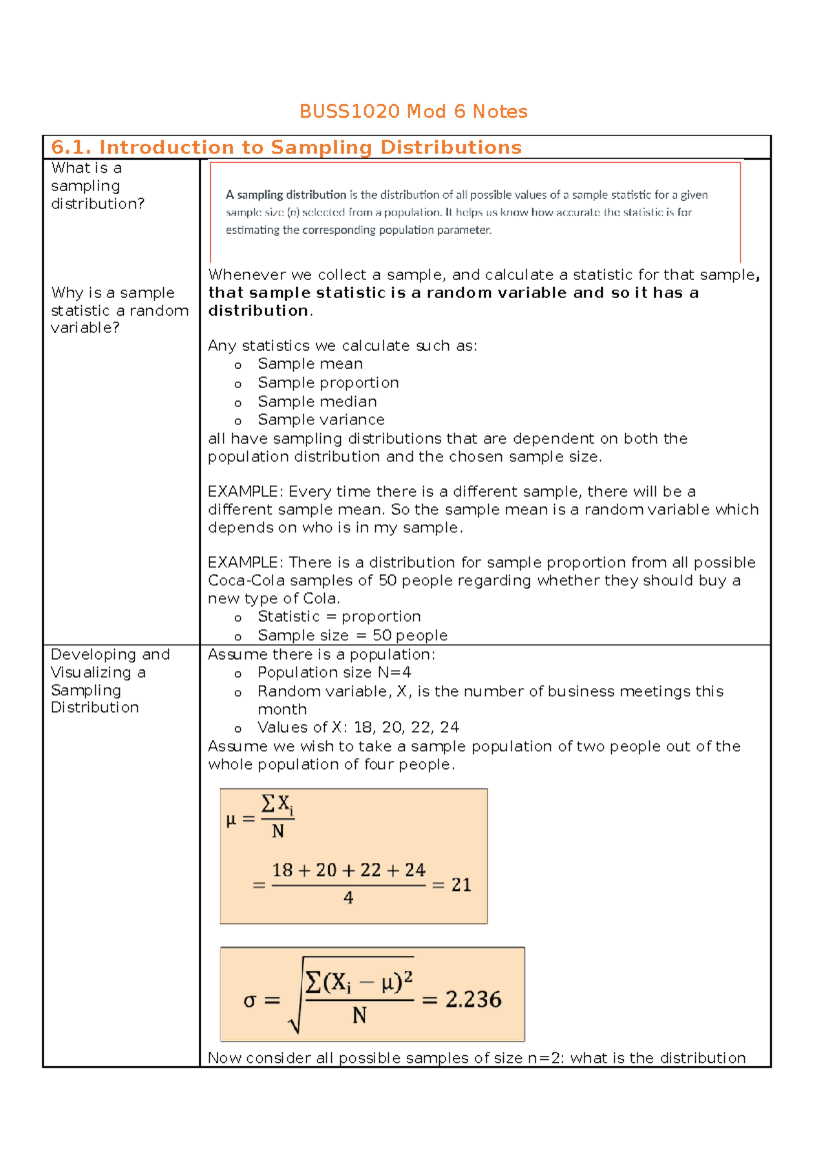 BUSS1020 Mod 6 Notes - BUSS1020 Mod 6 Notes 6. Introduction to Sampling ...