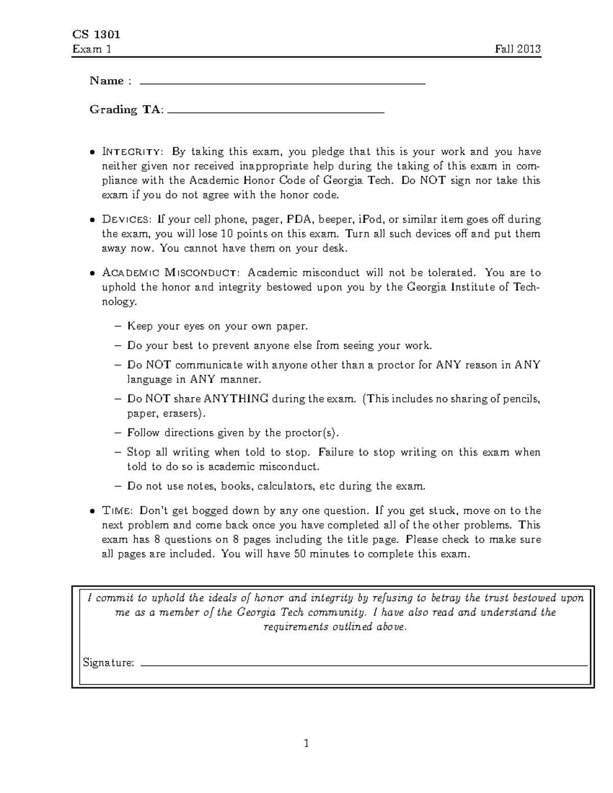 FA13 Exam 1 - Practice Exams - CS 1301 Exam 1 Fall 2013 Name : Grading ...