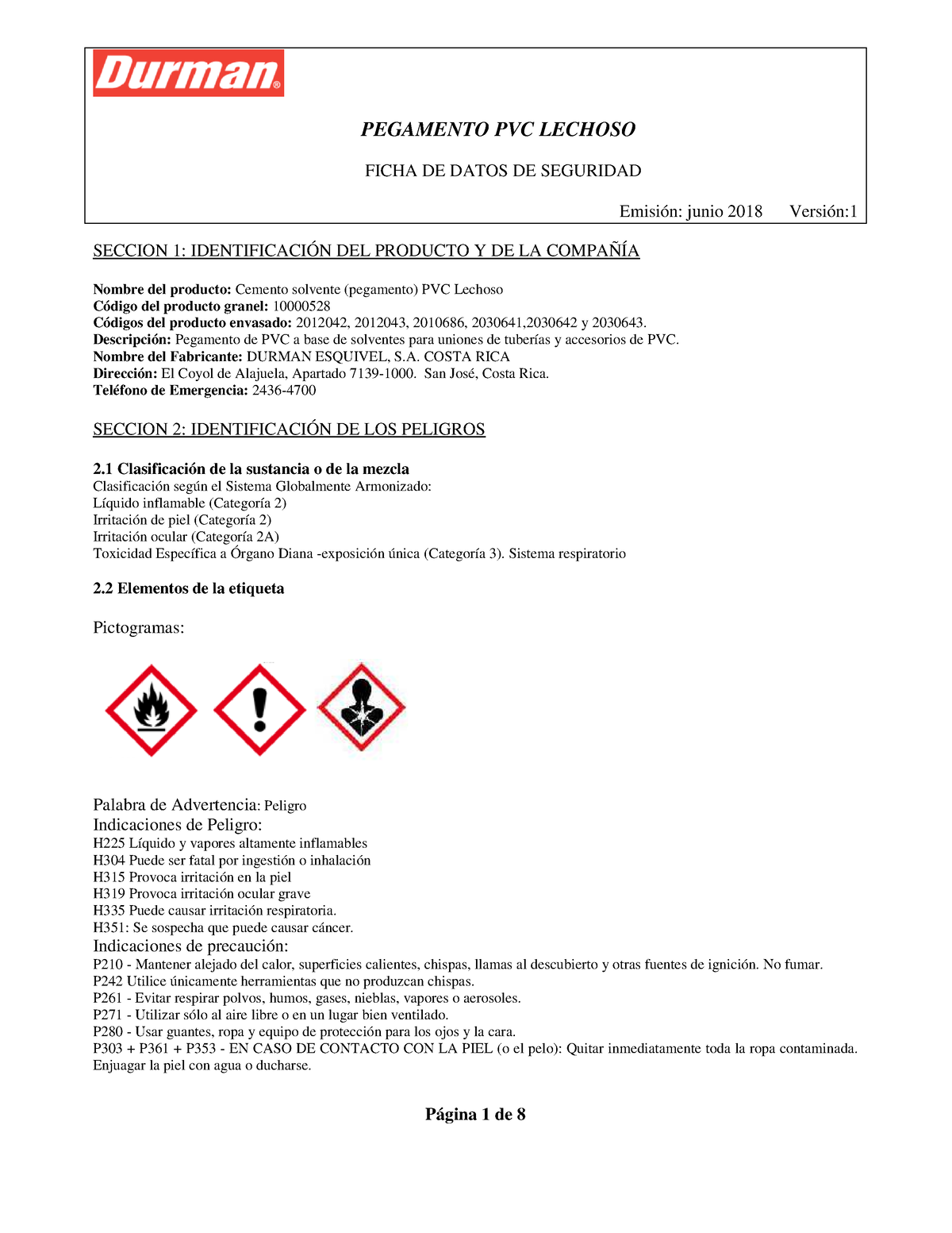 Pegamento PVC Durman FICHA DE DATOS DE SEGURIDAD Emisión junio 2018