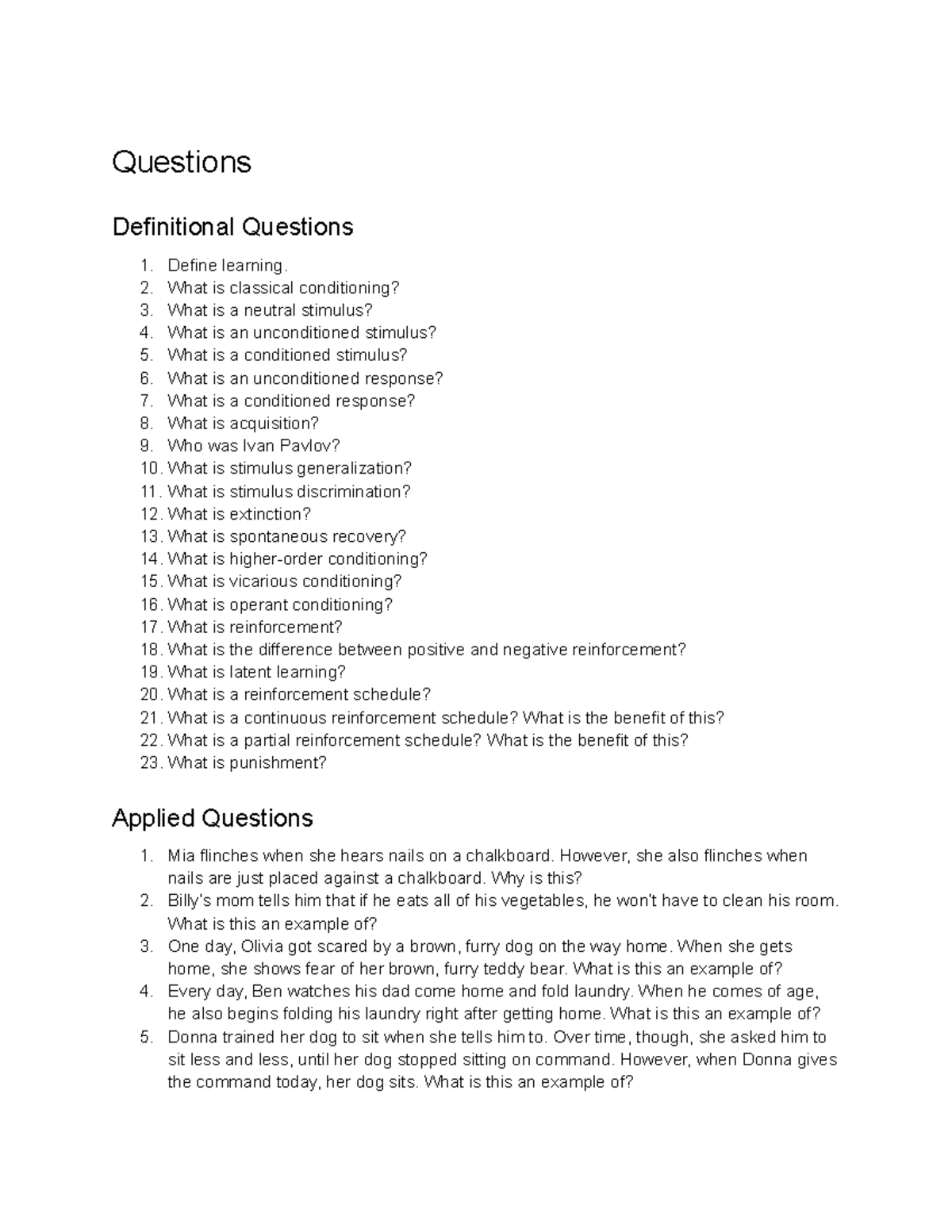 PSY 110 Learning Review - Questions Definitional Questions Define ...