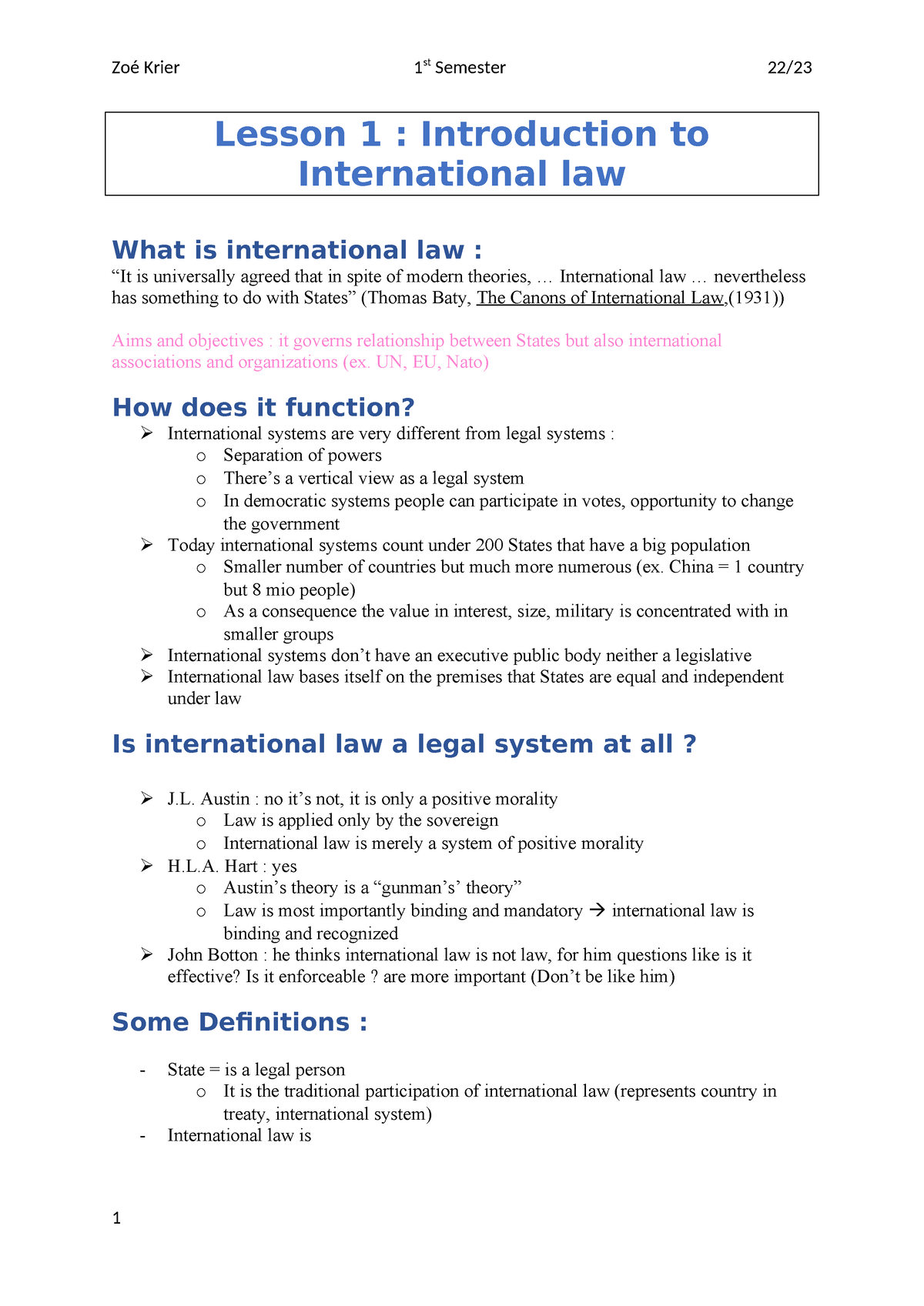 Lesson 1- Introduction - Lesson 1 : Introduction To International Law ...