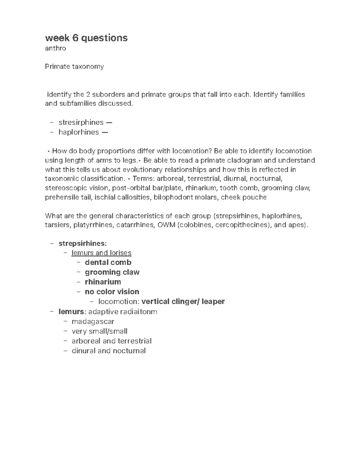 Week 6 notes - – – – – – – – – – – – – – – week 6 questions anthro ...