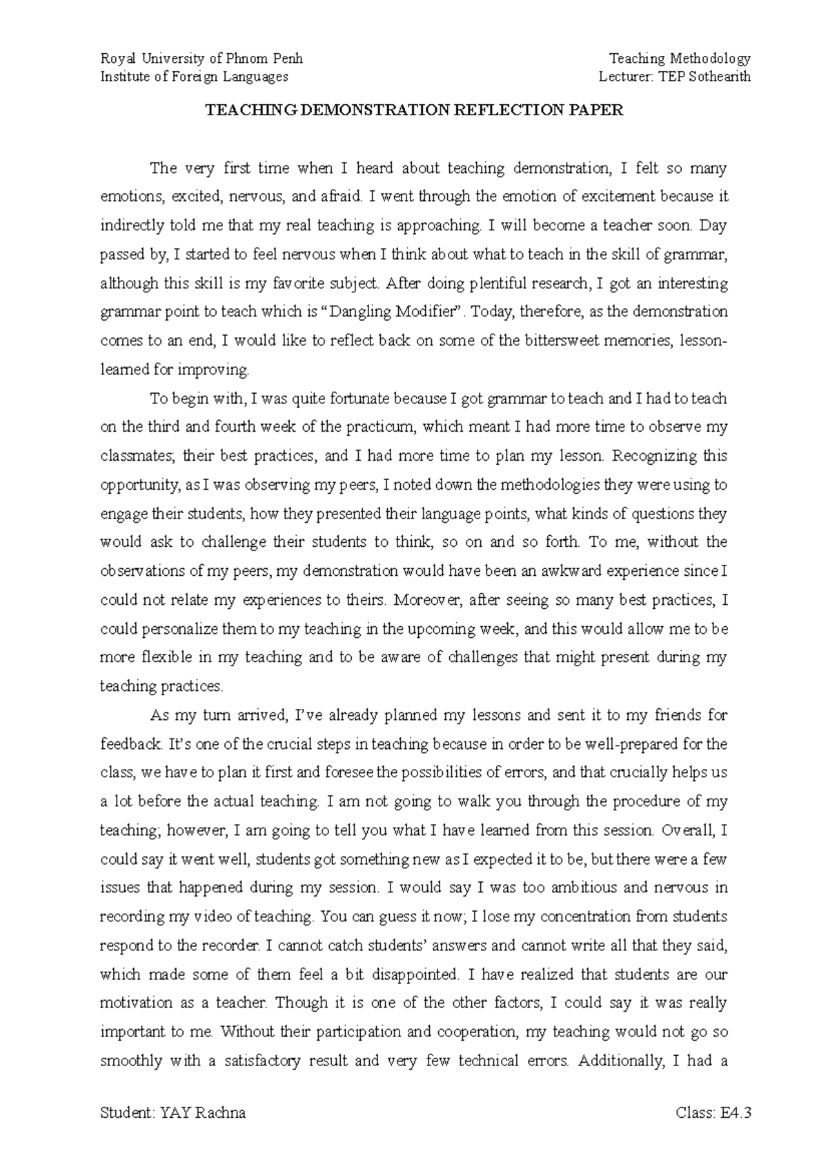 Teaching Reflection Paper - Royal University of Phnom Penh Teaching ...